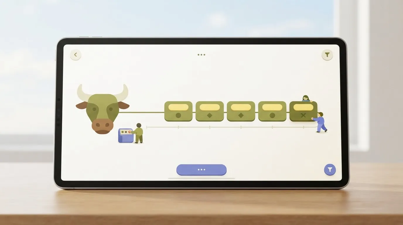 A digital dashboard screen showing a simple horizontal queue management interface with several rectangular blocks…