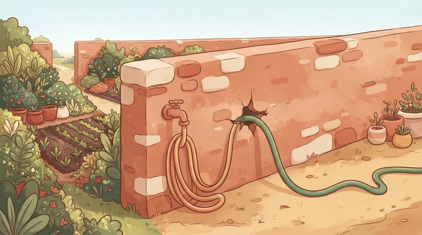 A high, thick stone wall surrounds a lush garden, but a single garden hose connected to a tap inside the wall is forced to…