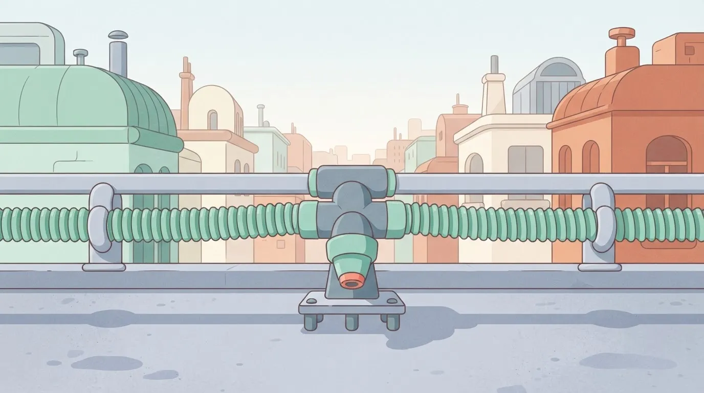 A rigid metal rail and a flexible rubber hose running perfectly parallel to each other, both feeding into the same single…