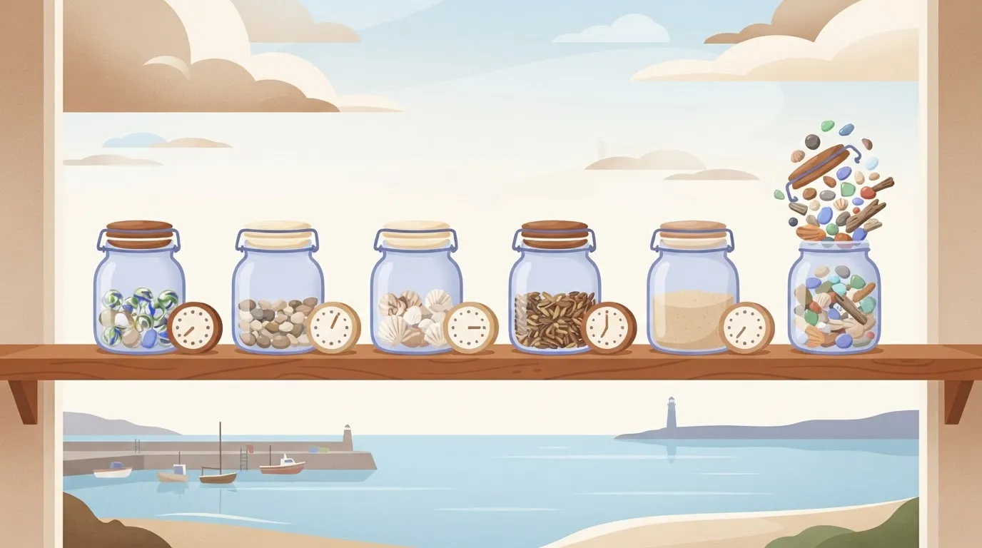 Jars with clocks beside them, one jar without a clock