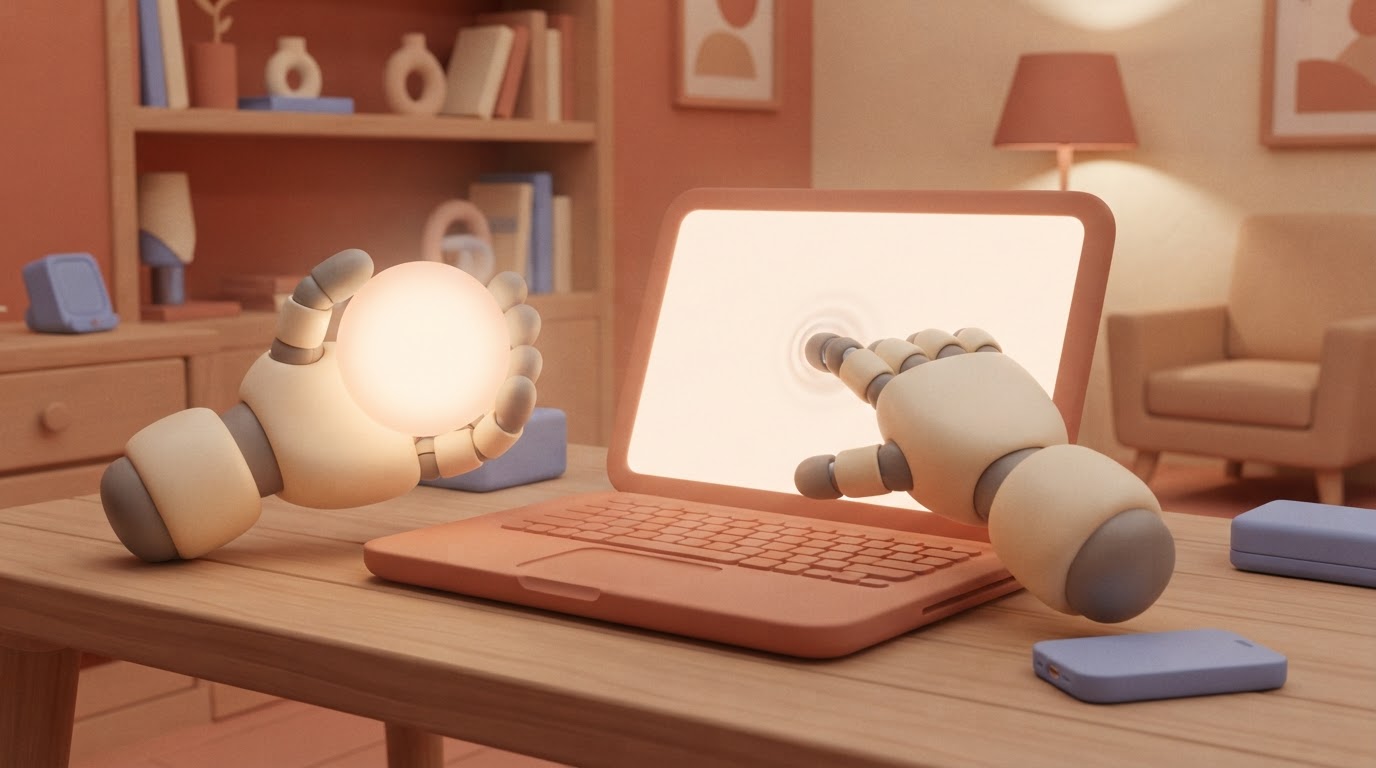 A pair of disembodied, robotic hands hovering over a laptop, with one hand holding a glowing orb and the other hand trying…