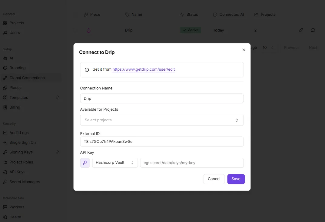 Modal dialog for connecting to Drip OAuth2 app with fields for connection name, project selection, external ID, and API key.