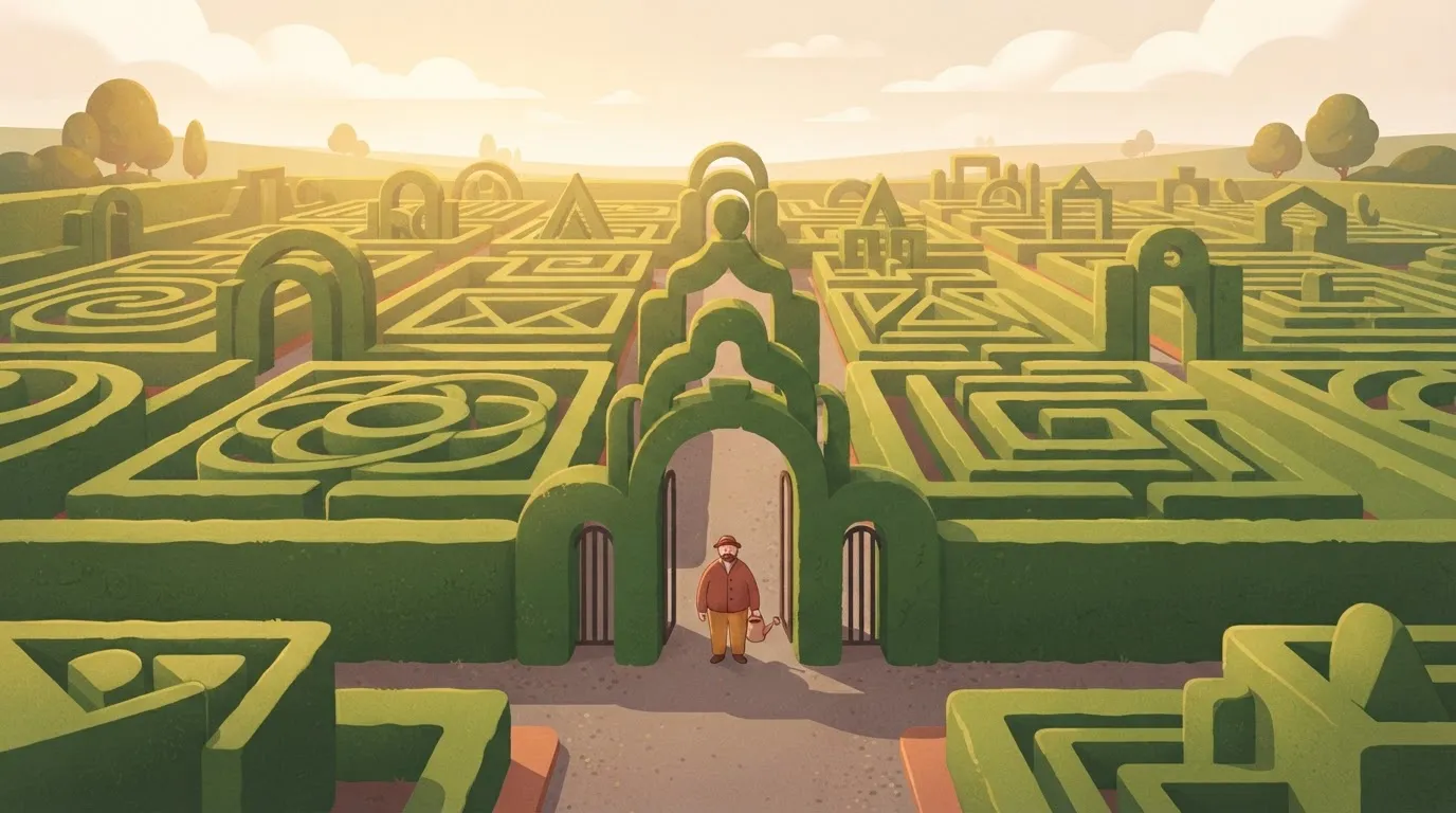 A large garden of neatly trimmed hedges shaped into complex geometric symbols and gates.