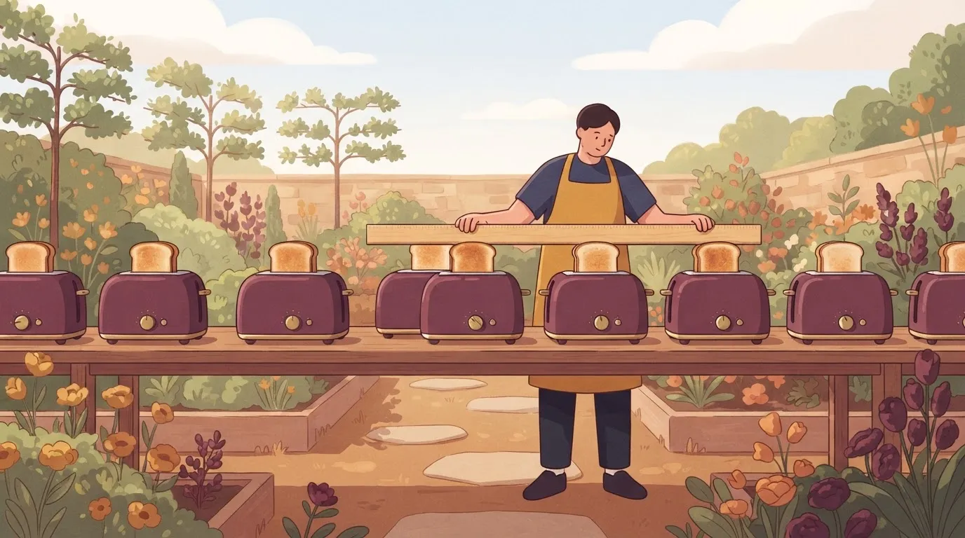 A long table where several identical-looking toasters are lined up, each having just popped up a piece of toast; a person…