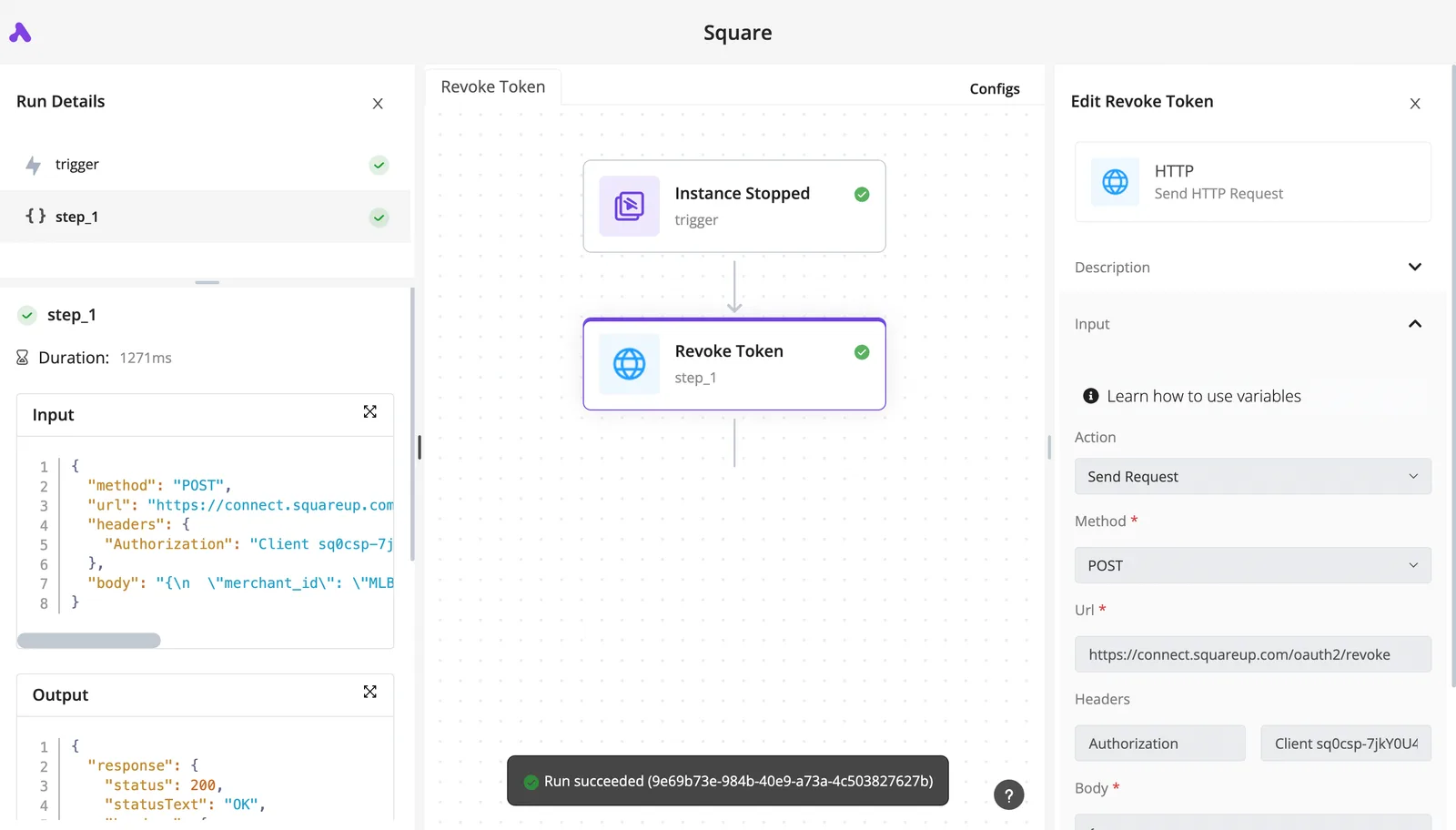A completed flow run showing trigger and step execution with HTTP request details and success status