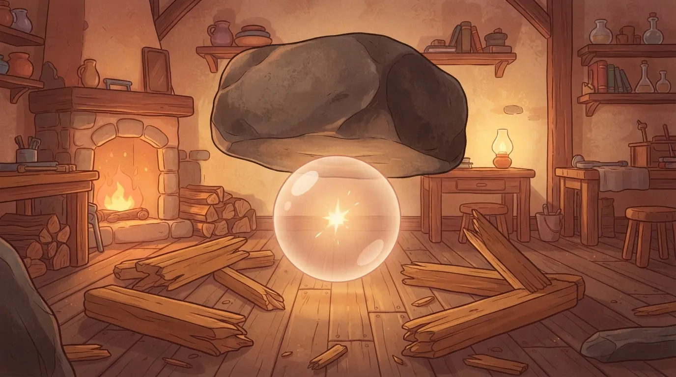 A large, heavy stone block being carried by a small, glowing internal spark inside a translucent sphere, while several…
