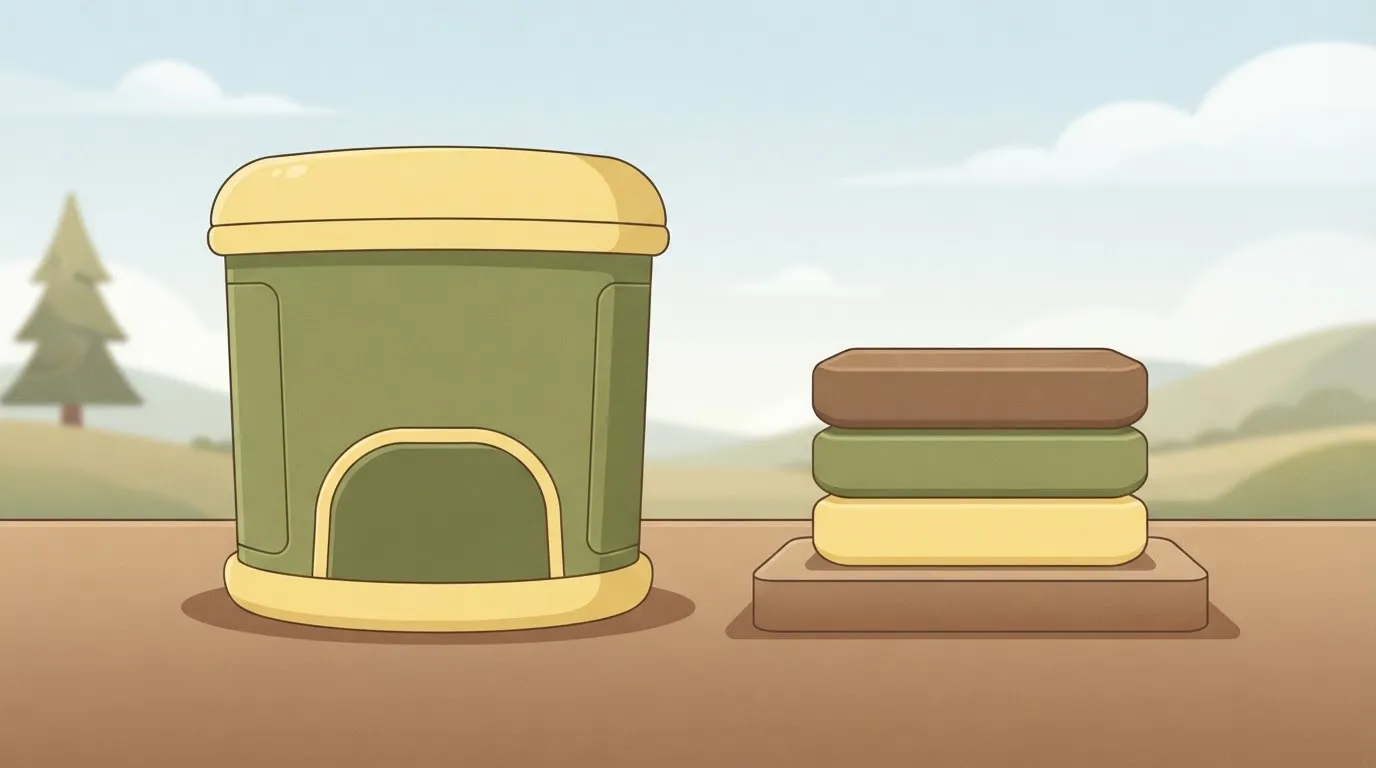 A large Amazon S3 storage bucket, shaped like a tall industrial cylinder, sits on a flat surface next to a stack of three…
