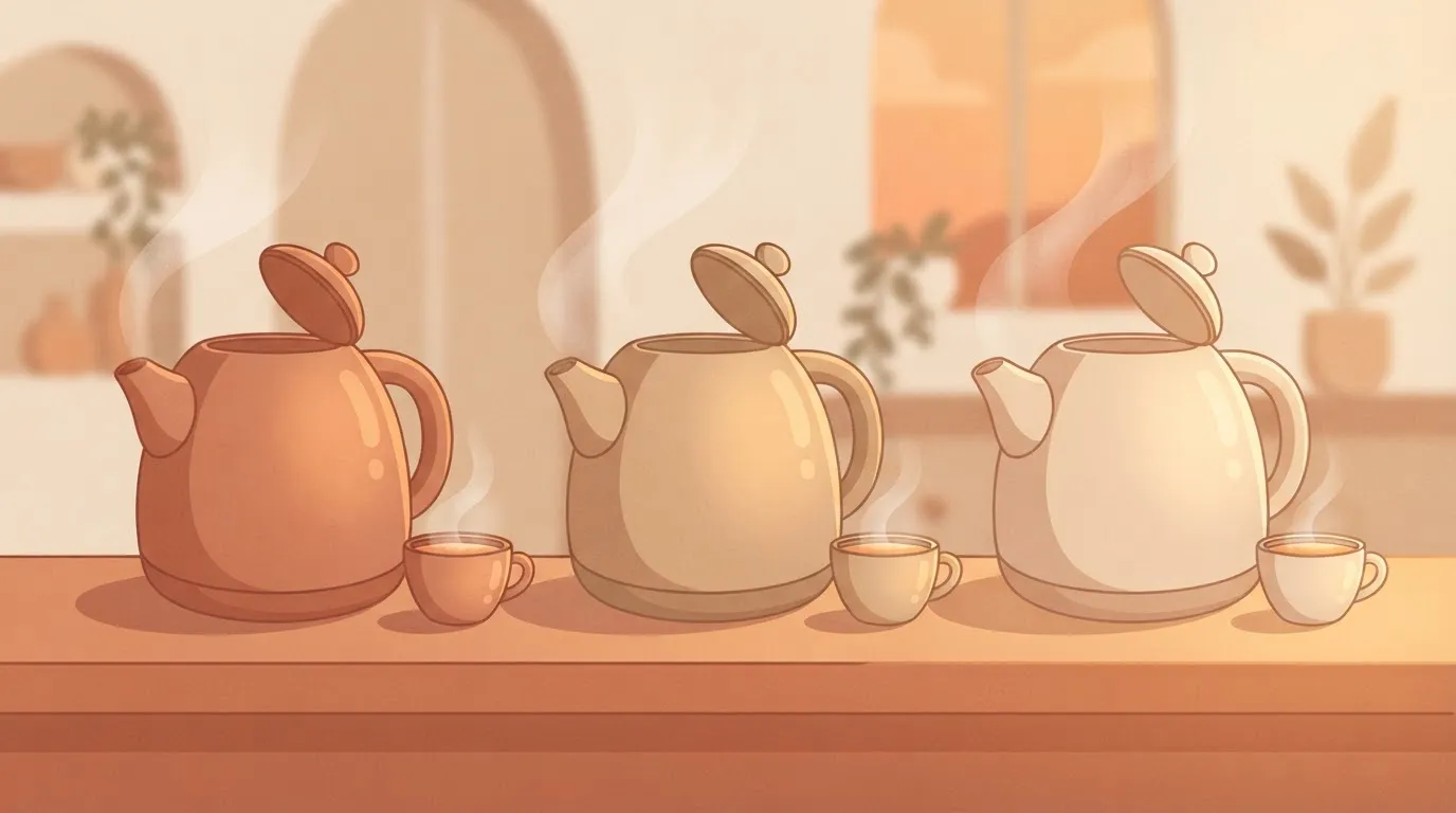 Three full kettles, each beside one tiny cup