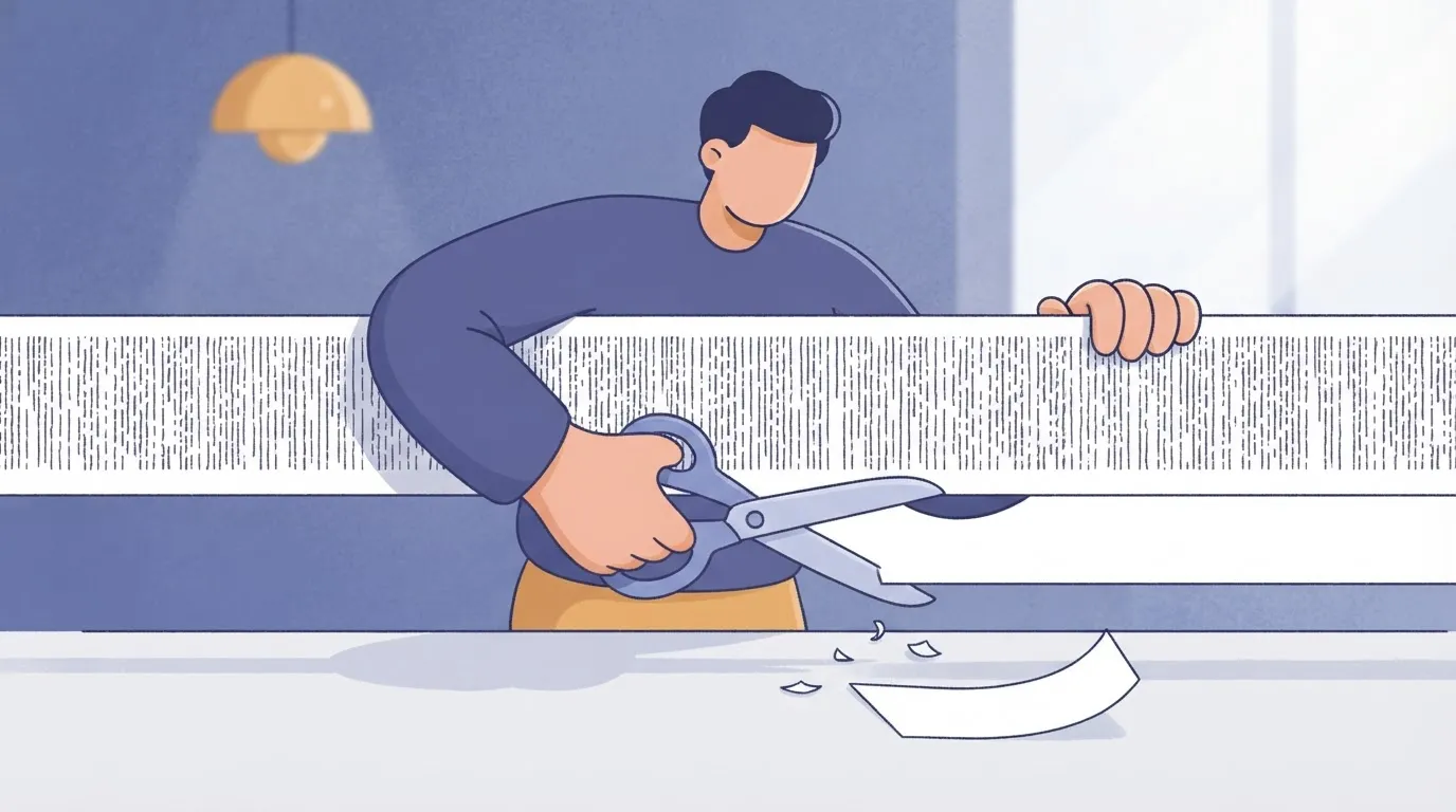 A person using a pair of scissors to carefully snip away the empty, unused white margins of a long paper document, leaving…