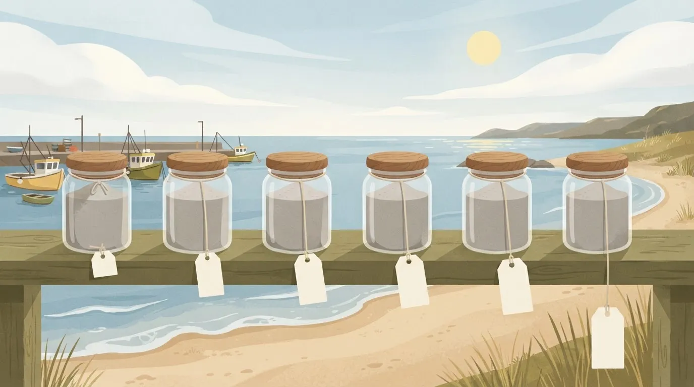 Identical jars with price tag strings of increasing length