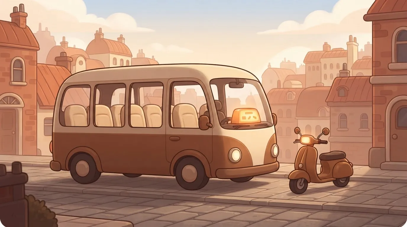 Empty minibus with large meter beside empty scooter with small meter