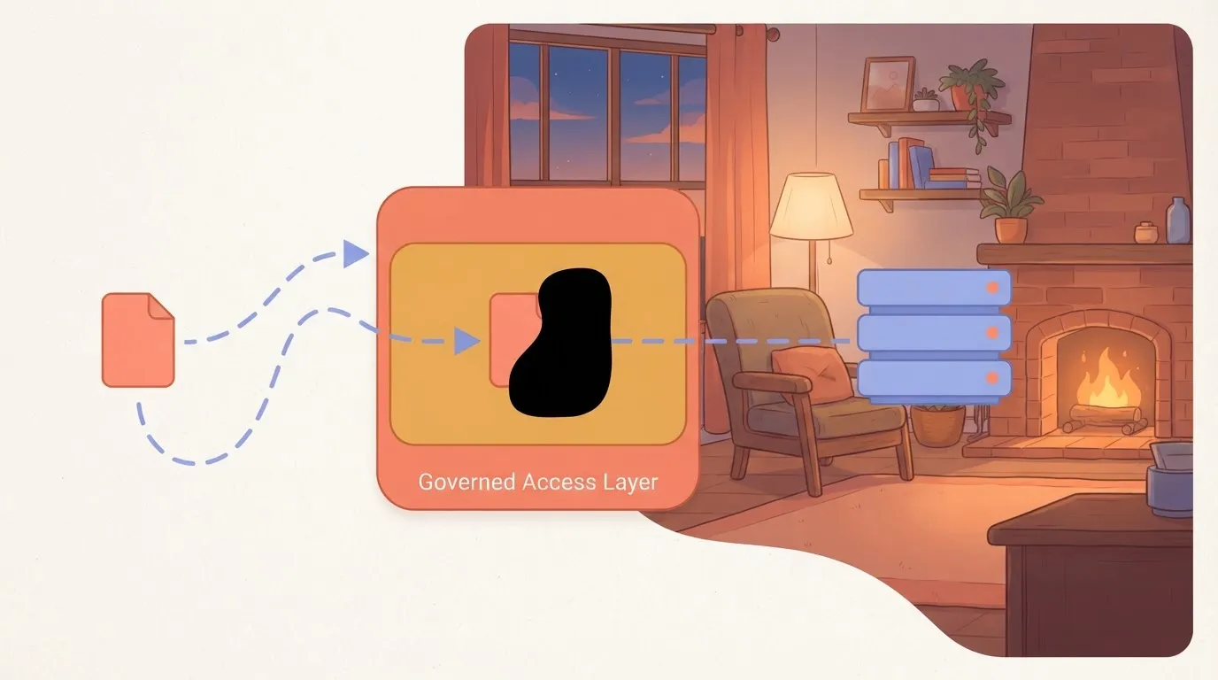 Paragraph 54: A network diagram showing a user request as a small document icon entering a rectangular Governed Access…