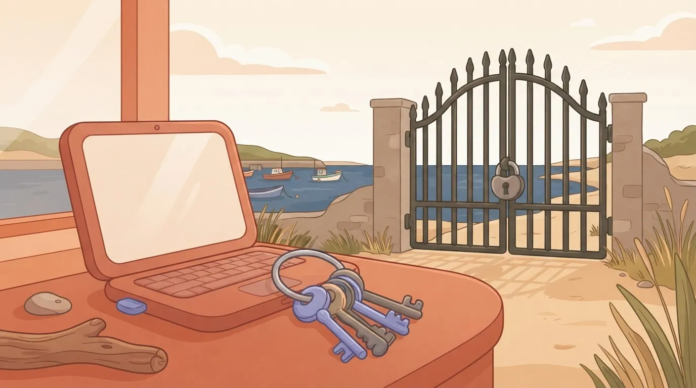 A laptop on a desk with a huge ring of keys plugged into its side, while a large heavy gate with a padlock stands unused in…