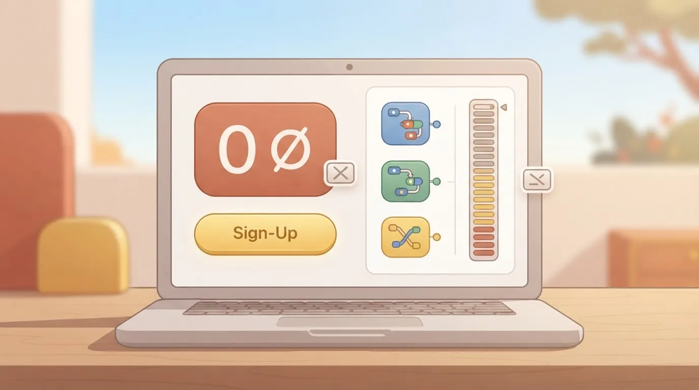 Sign-up screen with no card slot and a credit meter