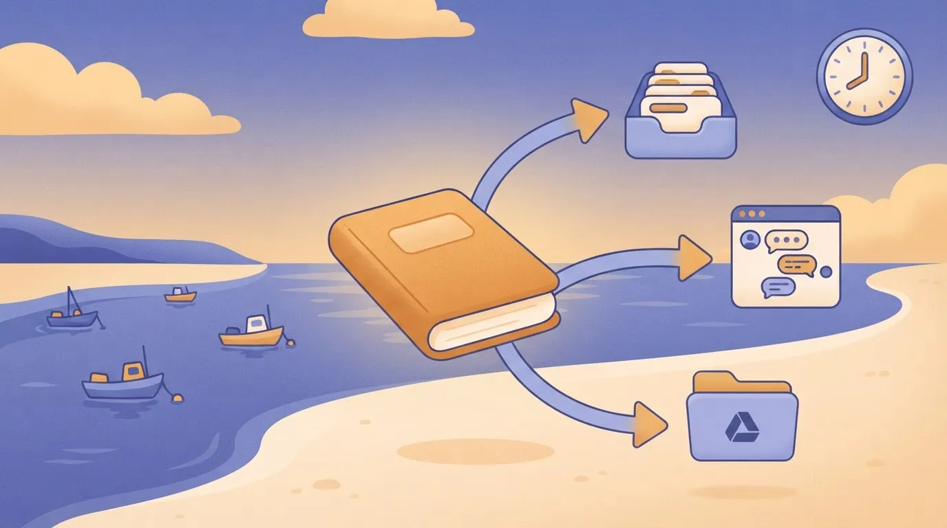 Workbook with arrows to inbox, chat, shared drive and a clock