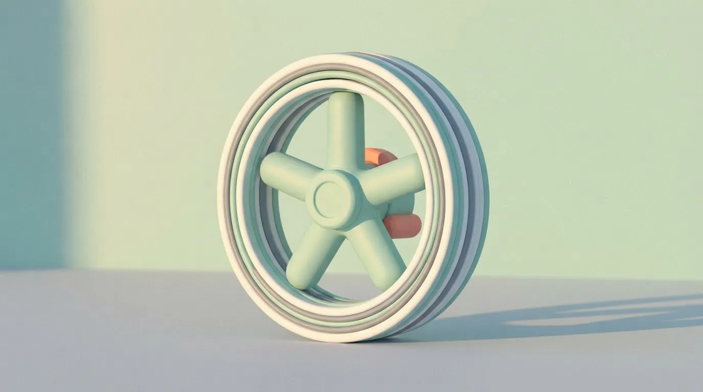 A central wheel hub with five solid spokes radiating outward to a rim, but the rim is composed of several thin, stacked…