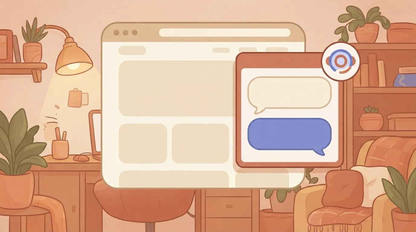 A website page with a chat window open on it, a customer's message bubble and a bot reply bubble in the window, with a…