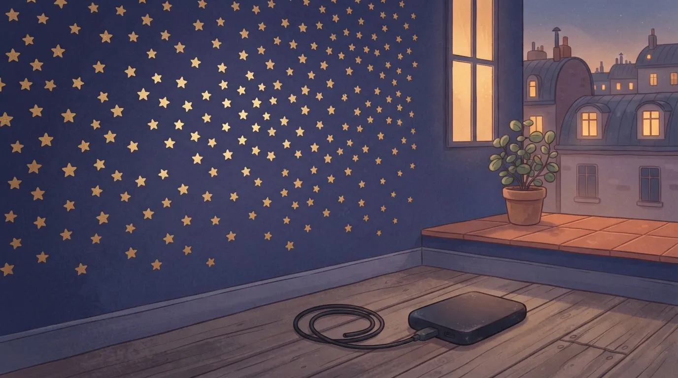 Wall of gold stars beside one unplugged backup drive