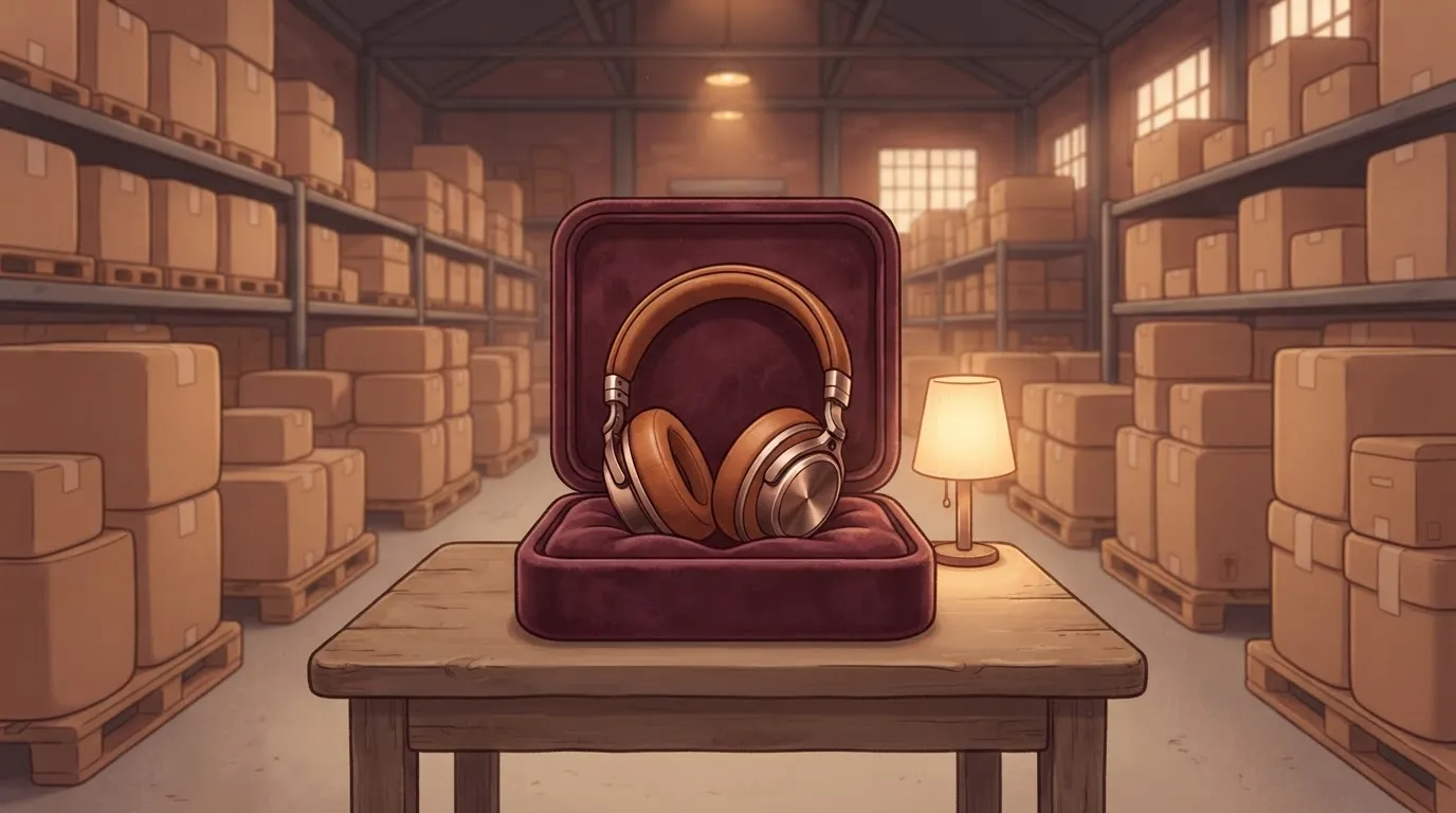 A single pair of high-end headphones sitting alone on a velvet-lined jewelry display case inside a vast, cavernous…