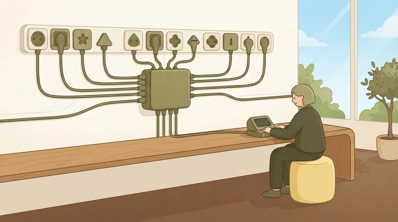 One central box with tidy cables to a dozen differently shaped wall sockets