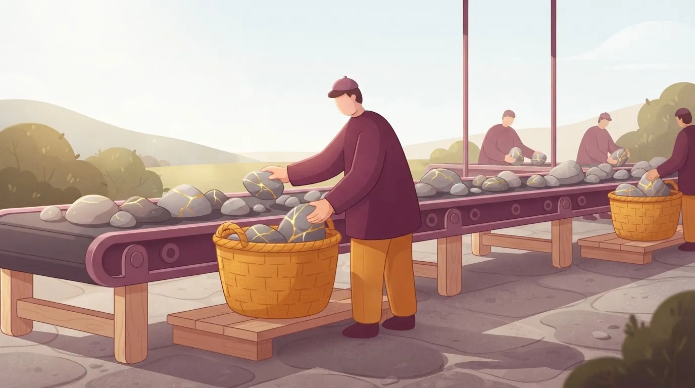 A worker at a conveyor belt full of gray stones.