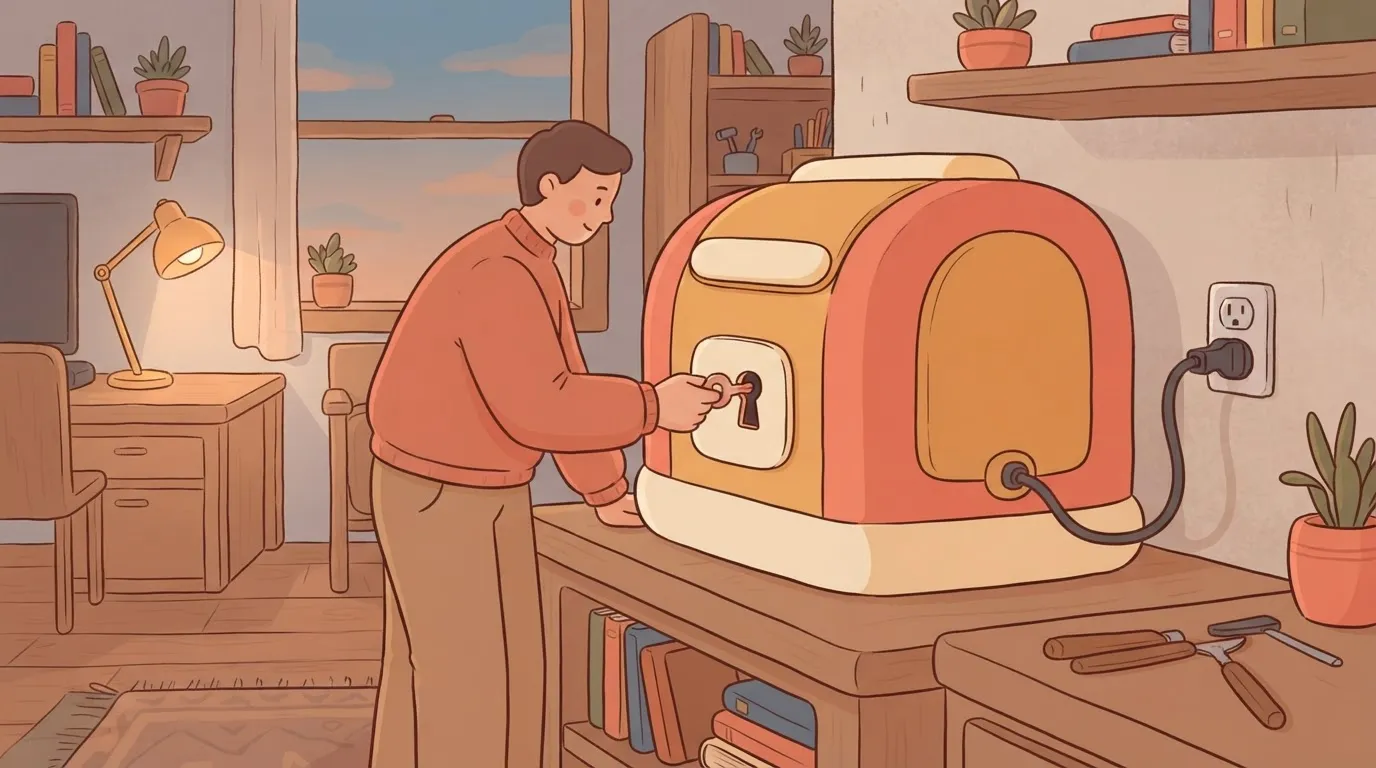 A person slides a small key into a large, generic machine that already has a power cord plugged into their own wall socket.
