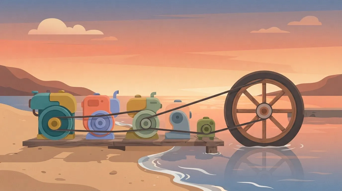 A machine consisting of several small, distinct engines of different shapes and colors, all connected by a single drive…