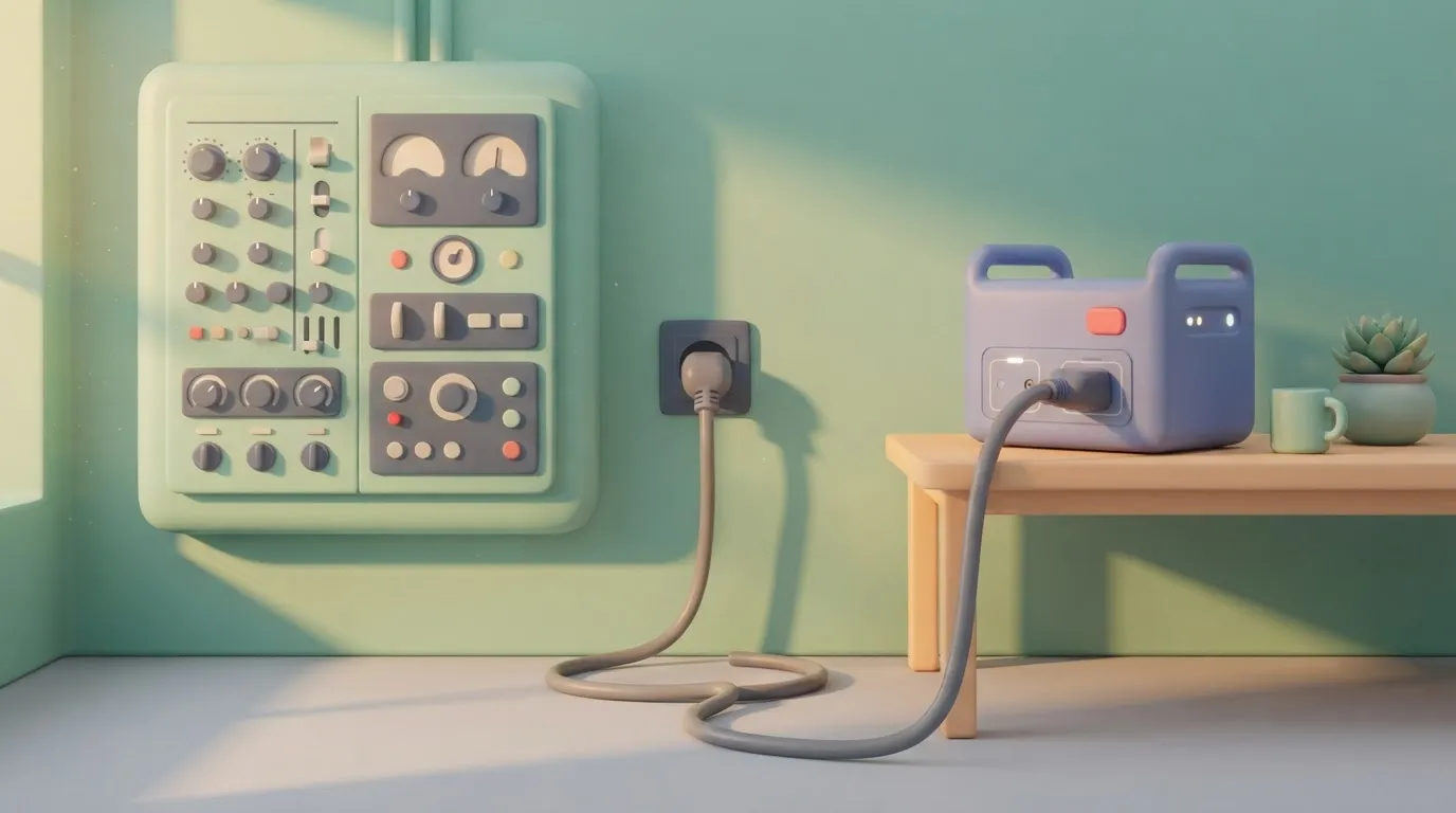 A large control panel where a single, thick cord has been unplugged from a wall socket and plugged instead into a portable…