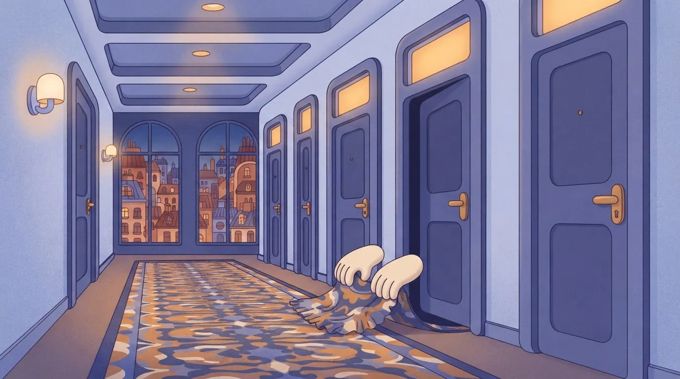 A row of closed doors in a long hallway, with one door slightly ajar, and a pair of hands reaching out from the opening to…