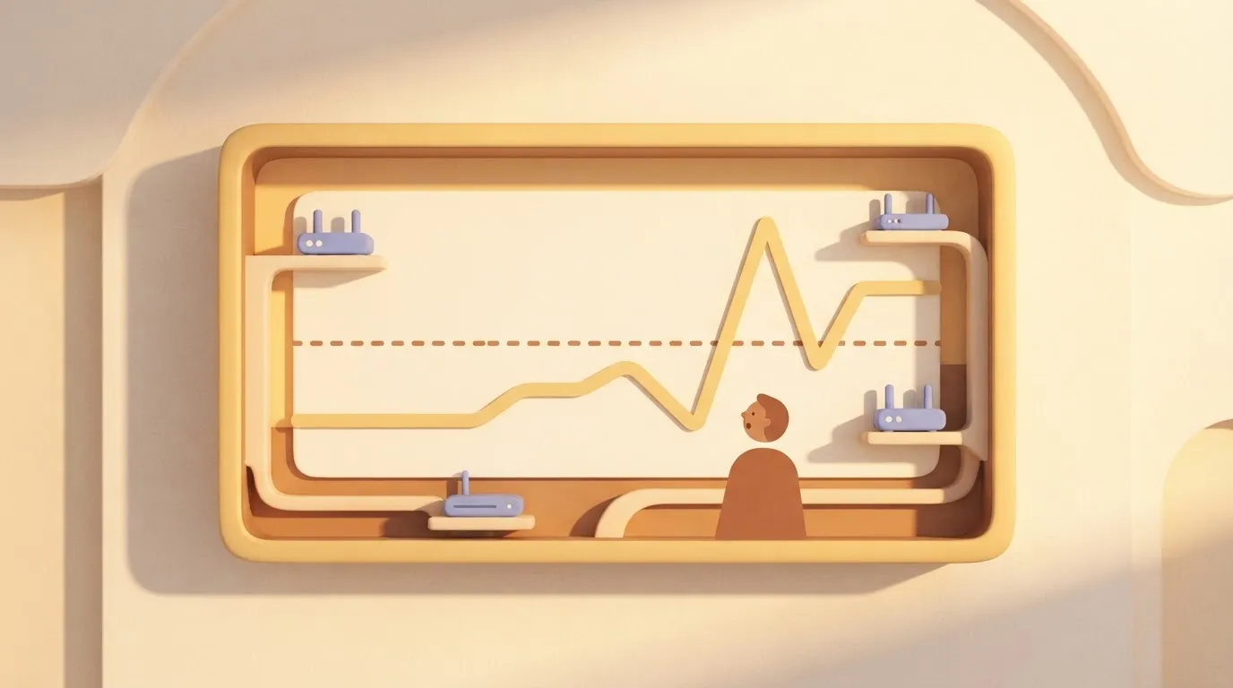A digital dashboard displays a line graph where a single line representing latency spikes sharply upward, crossing a…