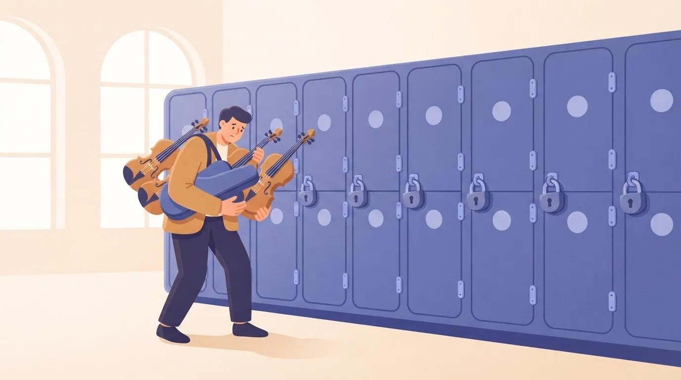 Paragraph 116: A wall of identical lockers, each with its own heavy padlock, where a person is struggling to carry five…