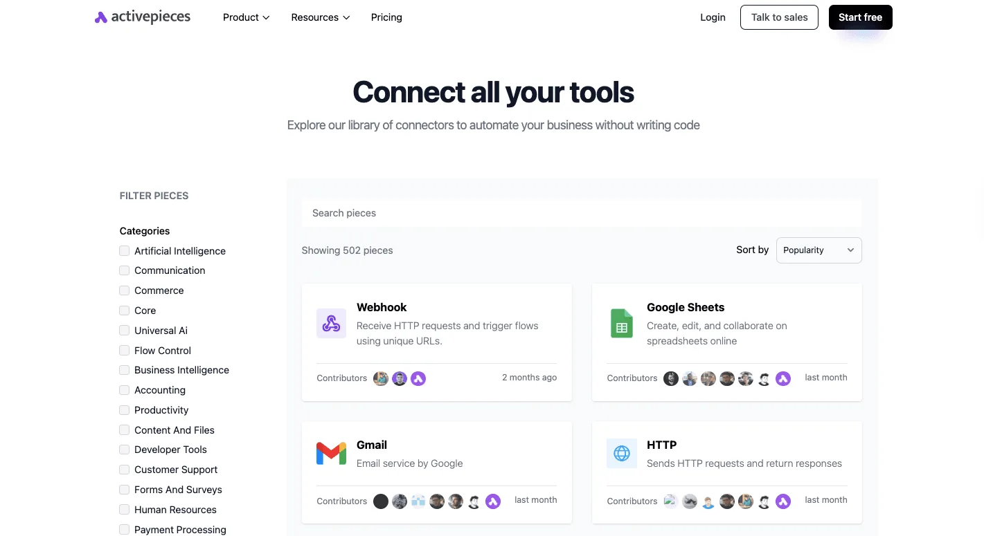Activepieces connectors library page showing 502 available integration pieces with category filters and four example…