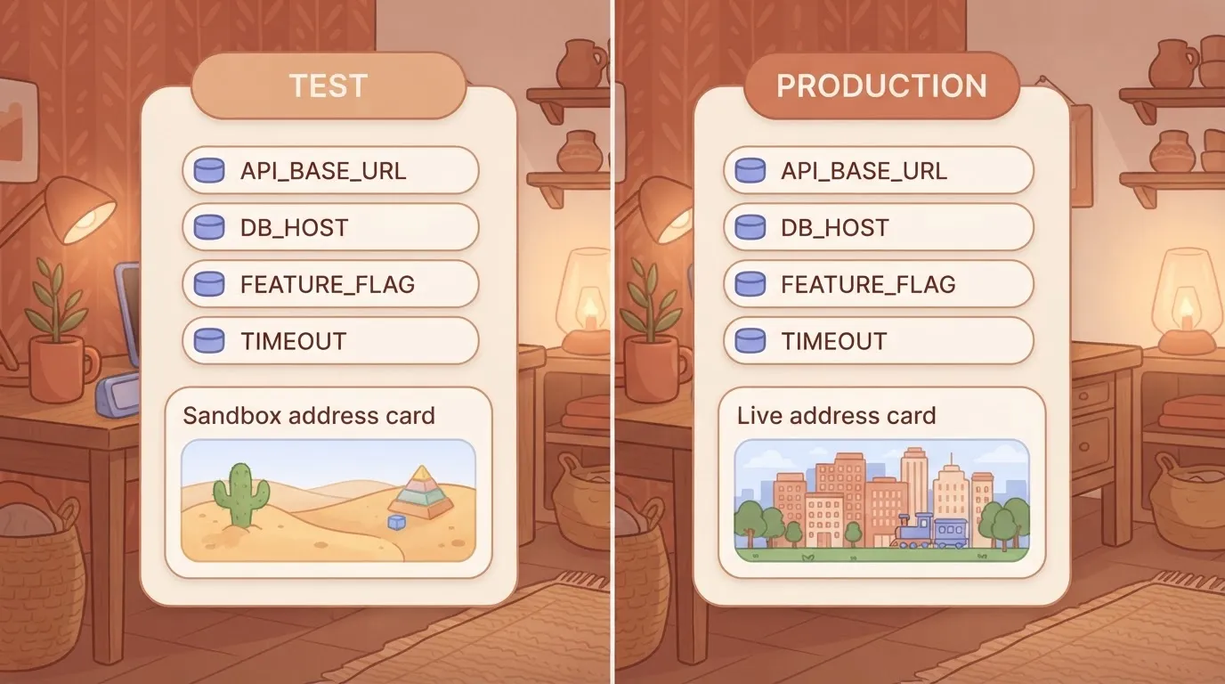 Two side-by-side instance panels, test and production, each with the same variable list including API_BASE_URL, but a…