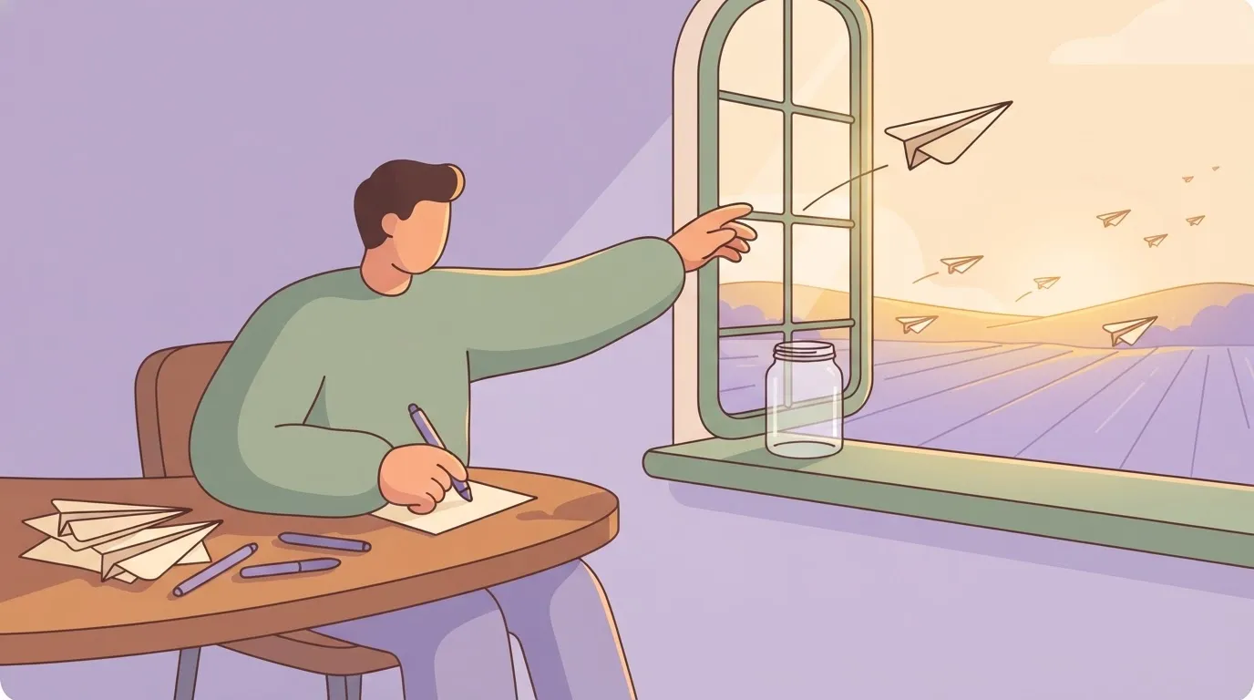 Someone sending paper planes out a window beside an empty tally jar
