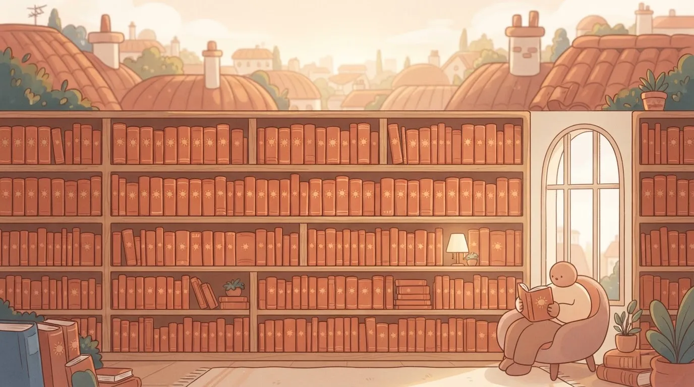 A library where the books on the shelves are all written in different languages, but every single book has an identical…