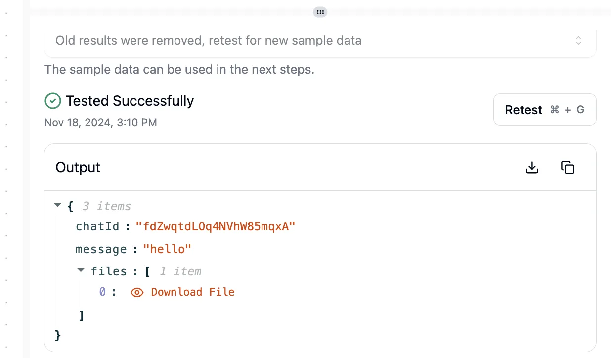 Test results panel showing successful execution with output data including chatId, message, and downloadable files