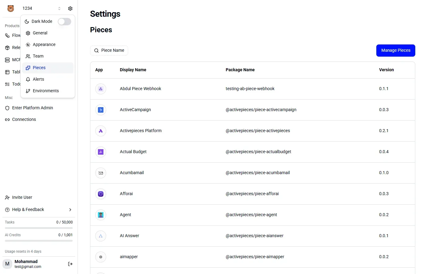 Activepieces Settings panel showing a table of available pieces with their versions and package names.