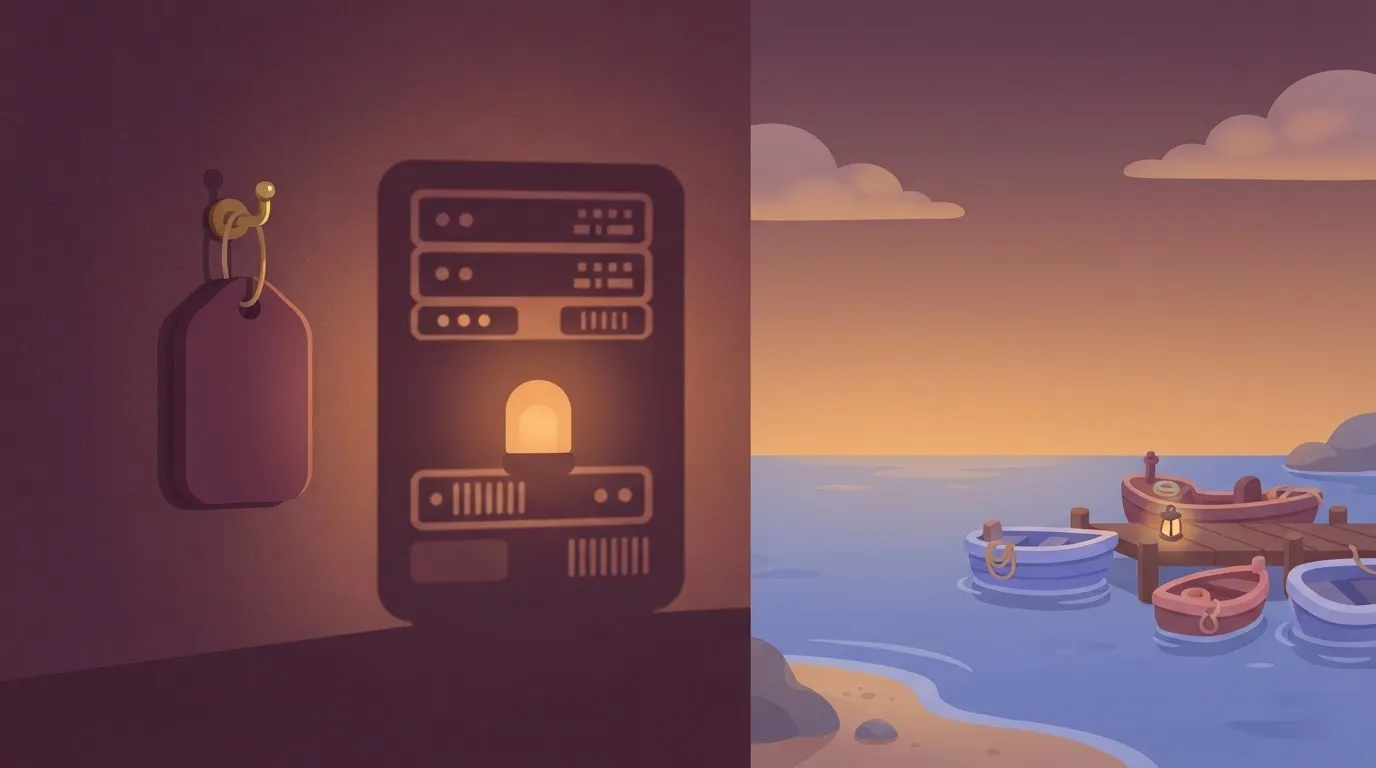 A small price tag on a hook beside it, casting a huge shadow on the wall shaped like a server rack with a night-lamp…