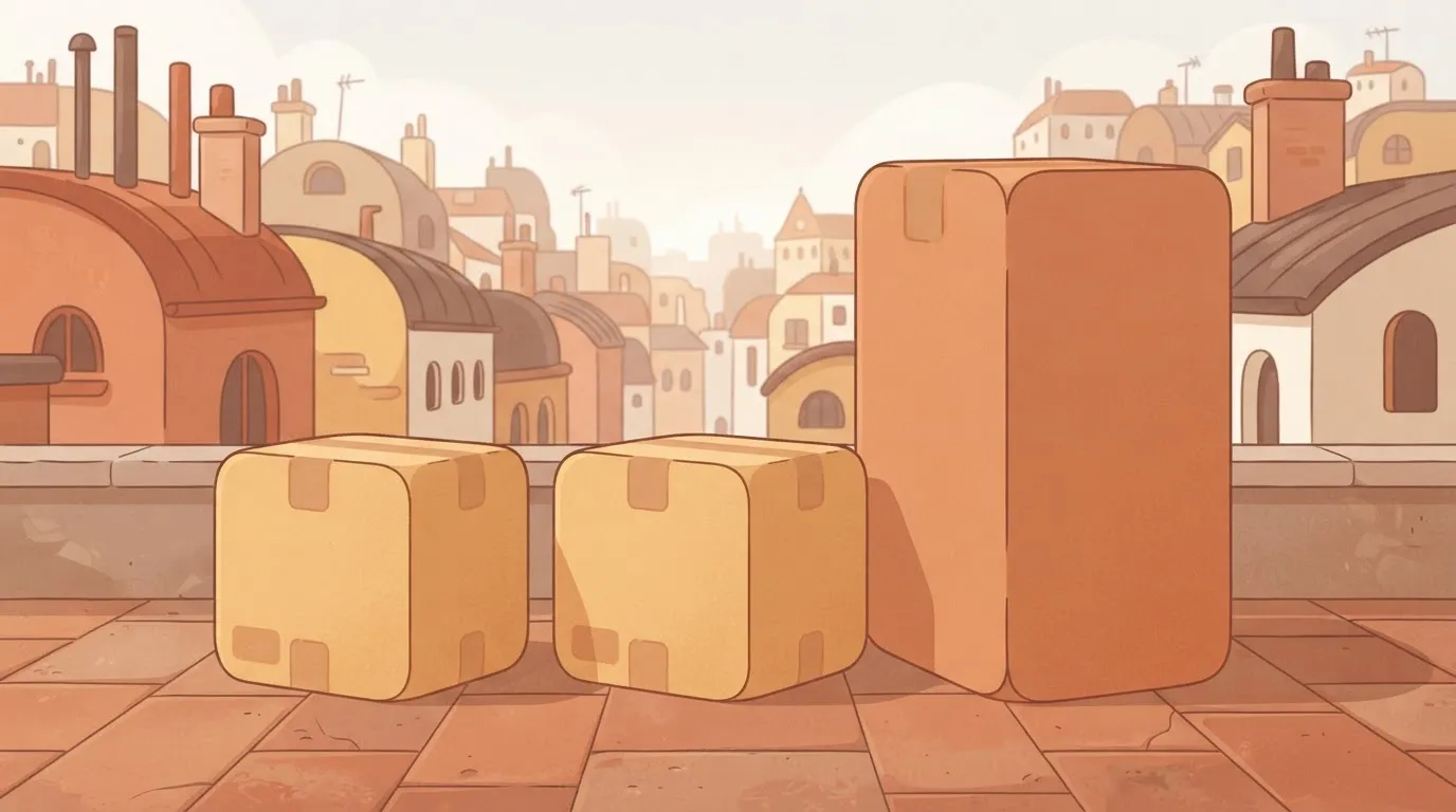 Two equal boxes and one towering box in a row