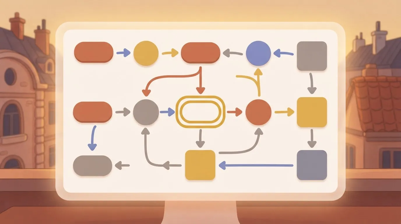 A computer screen displays a flowchart representing a state machine, with various boxes and connecting arrows.