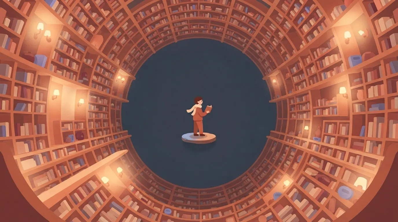 A person standing on a tiny floating tile in a void, looking at a vast, infinite library of bookshelves stretching into the…