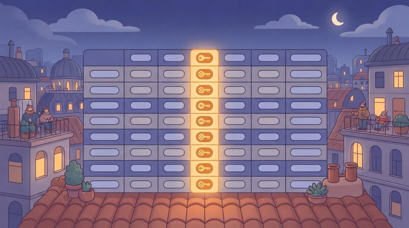 A large grid representing a database table, with one column highlighted to show the unique index on a specific set of keys.
