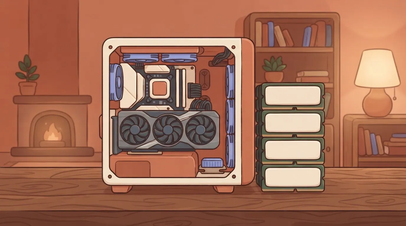 A high-end workstation sits on a desk with its side panel removed, revealing a large GPU with three fans.