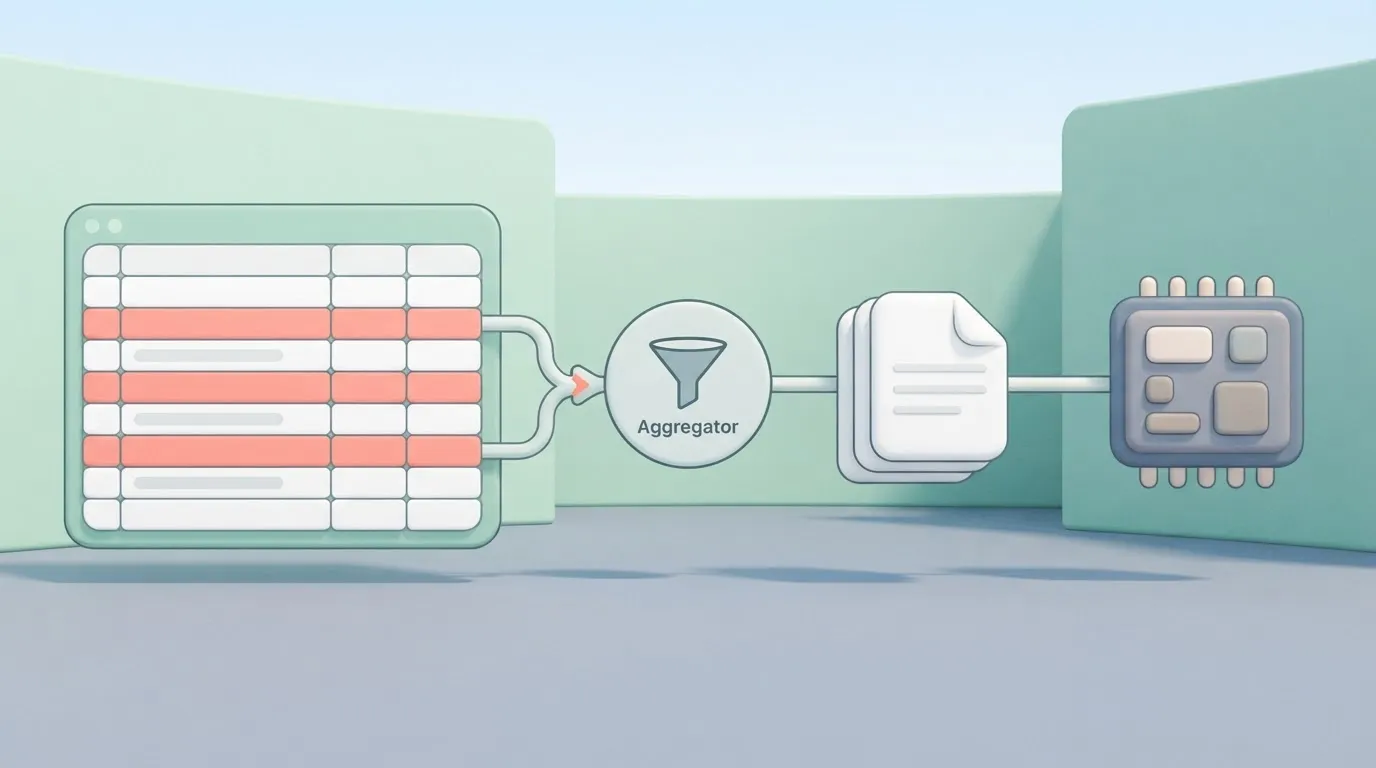 A digital spreadsheet with multiple highlighted rows is connected by a line to a circular 'Aggregator' icon, which outputs…