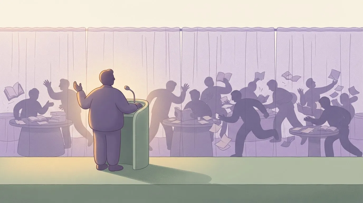 A silhouette of a person standing at a podium giving a speech, while behind a translucent curtain, a dozen identical…