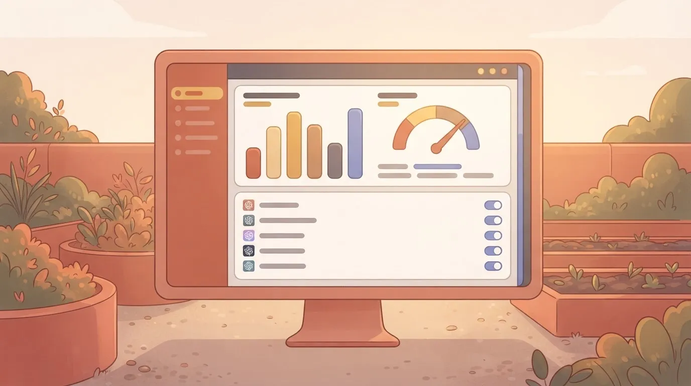 A usage dashboard displayed on a monitor, featuring a series of bar charts and a circular gauge.