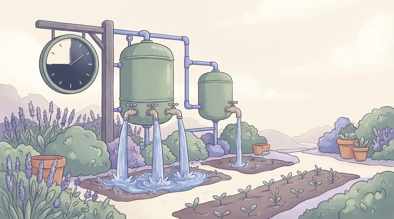 Clock with shaded work hours beside tanks with three taps and one