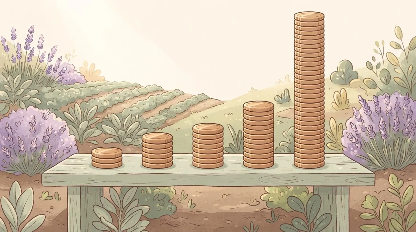 Four gently rising coin stacks next to one towering stack