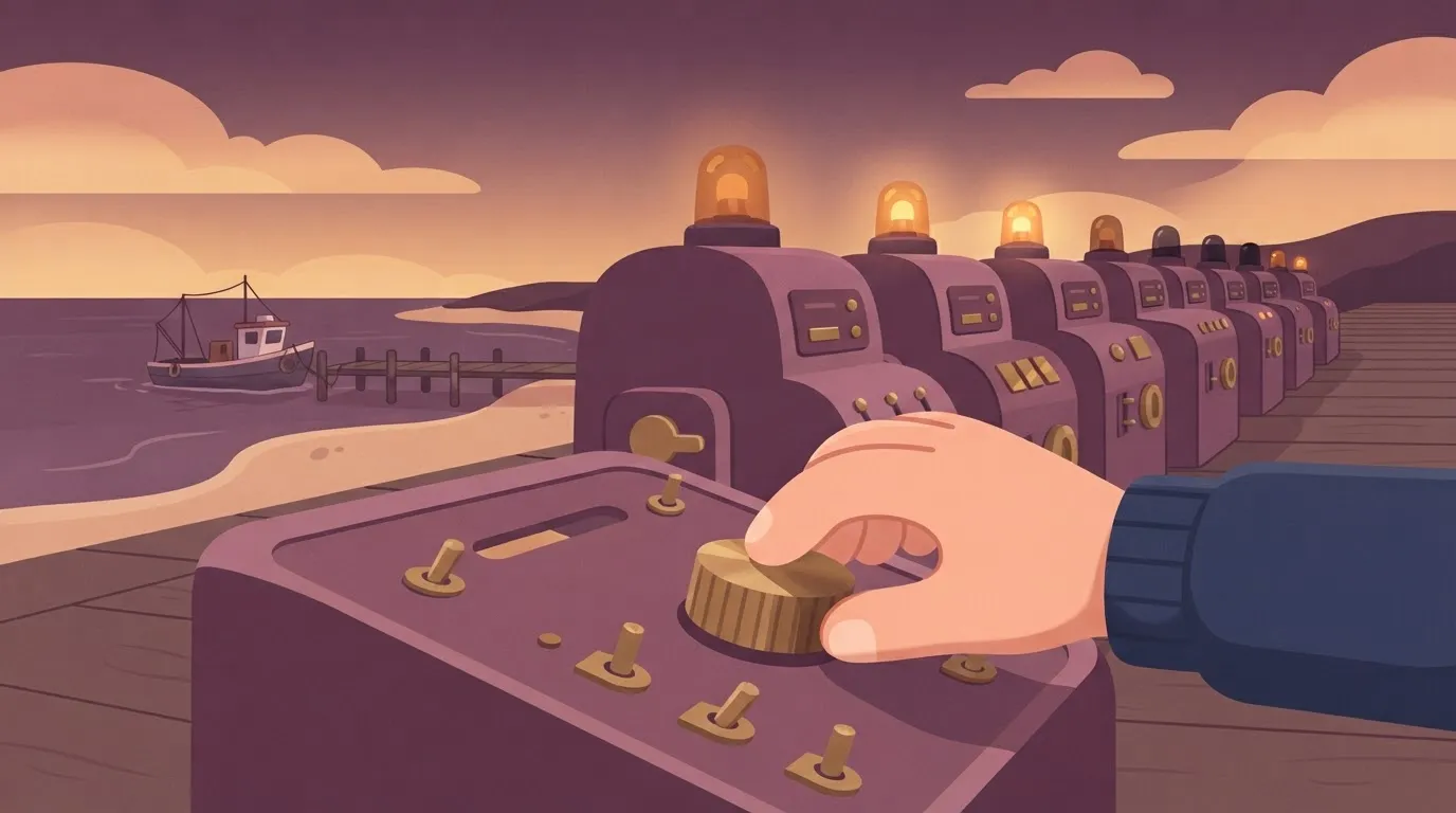 One hand turning a single dial on a friendly control panel, while a row of identical machines behind it have lamps going…
