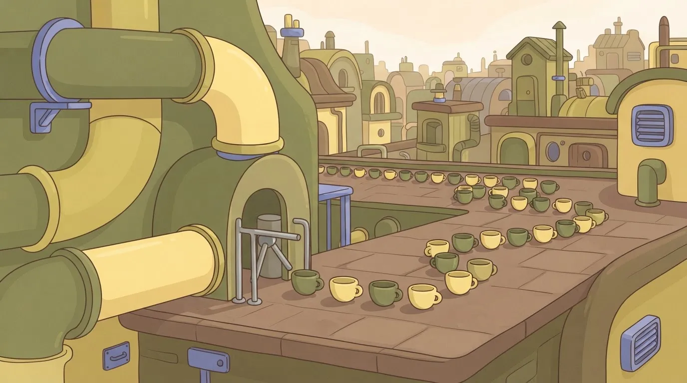 A huge empty pipe ending in a small turnstile with a queue of cups